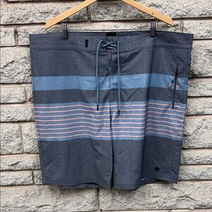Men's Gray Board Shorts with Blue & Coral Stripes